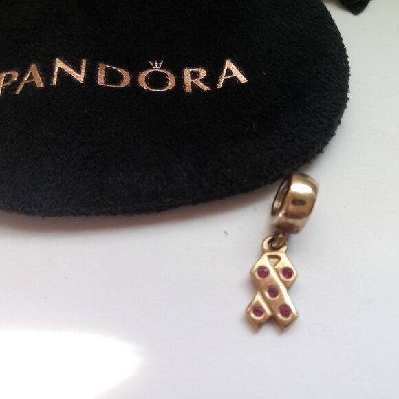 Pandora 14k Gold Charm Breast Cancer Awareness With light Pink Sapphires Charm - Picture 1 of 6